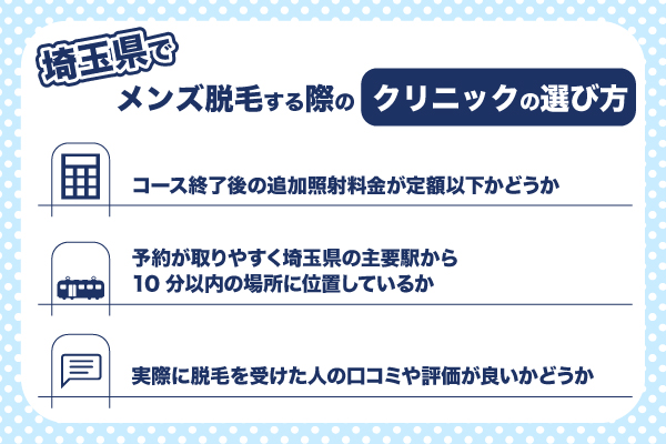 埼玉県でメンズ脱毛をする際は追加契約料金・通いやすさ・口コミで選ぶ！